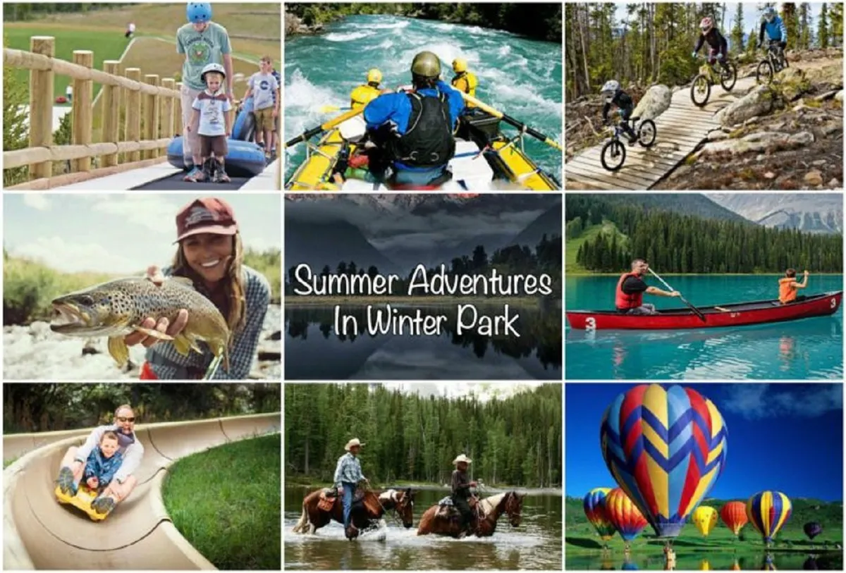 A vibrant collage of summer activities shows families rafting down rivers, biking mountain trails, fishing by the water, horseback riding, and enjoying water slides. Colorful hot air balloons float in the background, adding to the sense of adventure and seasonal variety.
