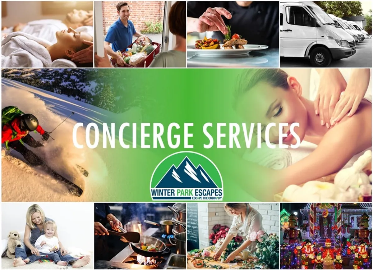 A luxurious interior collage highlighting resort-style amenities, including scenes of spa treatments, gourmet meals delivered by a private chef, festive family gatherings, and snow-filled adventures. The imagery captures in-room massages, chef-prepared dining, and organized family fun, epitomizing the seamless services and year-round enjoyment described in the section.