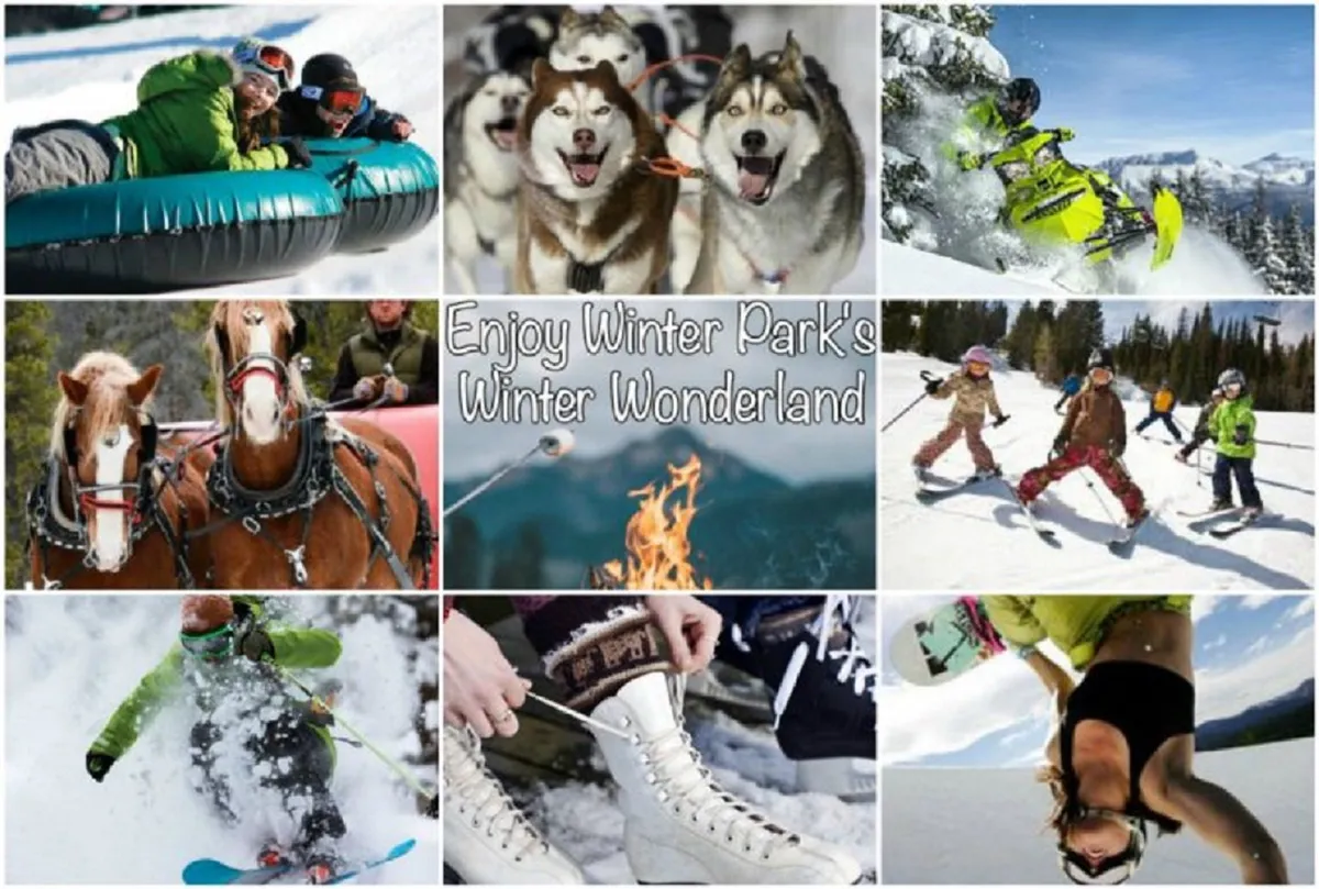An action-packed winter scene featuring people tubing down snowy hills, huskies pulling sleds, a snowmobile in motion, horses ready for sleigh rides, a cozy fire pit, children playing in the snow, and skiers and snowboarders carving down the slopes. The lively environment captures the energy and variety of Rocky Mountain winter adventures.