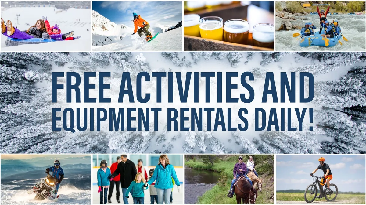 An action-packed composite image featuring people enjoying a wide variety of activities: skiing and snowboarding in winter, whitewater rafting and biking in summer, as well as shared meals and family outings. The energetic atmosphere exemplifies the breadth of complimentary daily adventures and year-round fun available to guests.